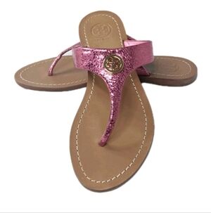 Tory Burch Cameron Leather Thong Sandals Women's Size 6 M Metallic Pink Leather
